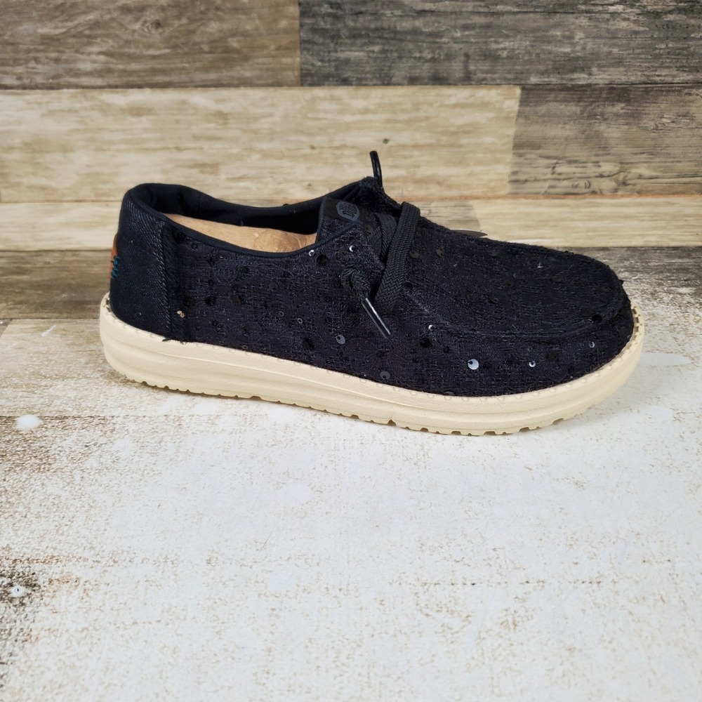 Hey Dude Wendy Sequin Lace Womens Loafer Shoes Sz 7 Black Round Toe Slip On